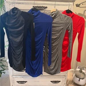 Express Long Sleeve Ruched Turtleneck Dresses in Black, Blue, Gray, and Red